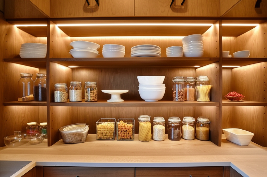 Elegant walk-in pantry with custom shelving