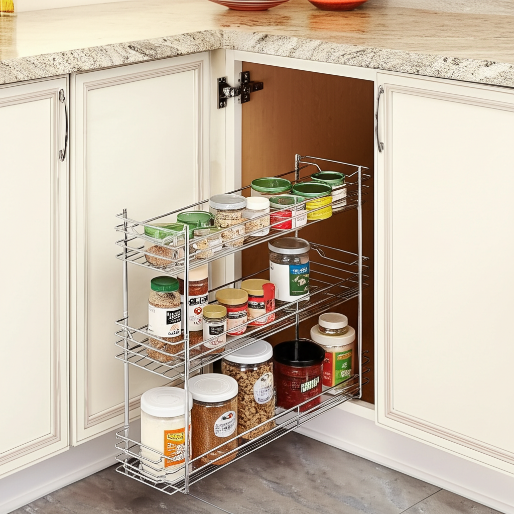 Organized kitchen cabinets with pull-out shelves and dividers